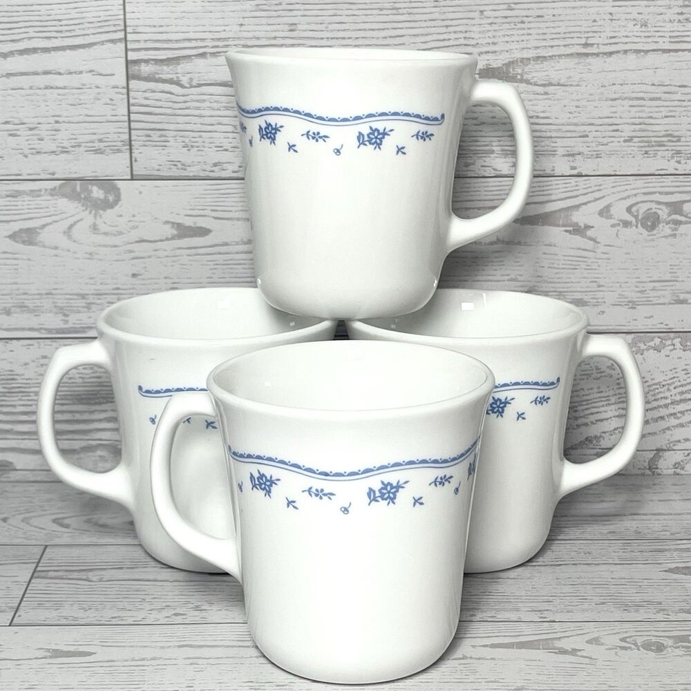 VTG Corning Ware Corelle "Morning Blue" Tea/Coffee Cups Mugs 8 oz USA Set of 4